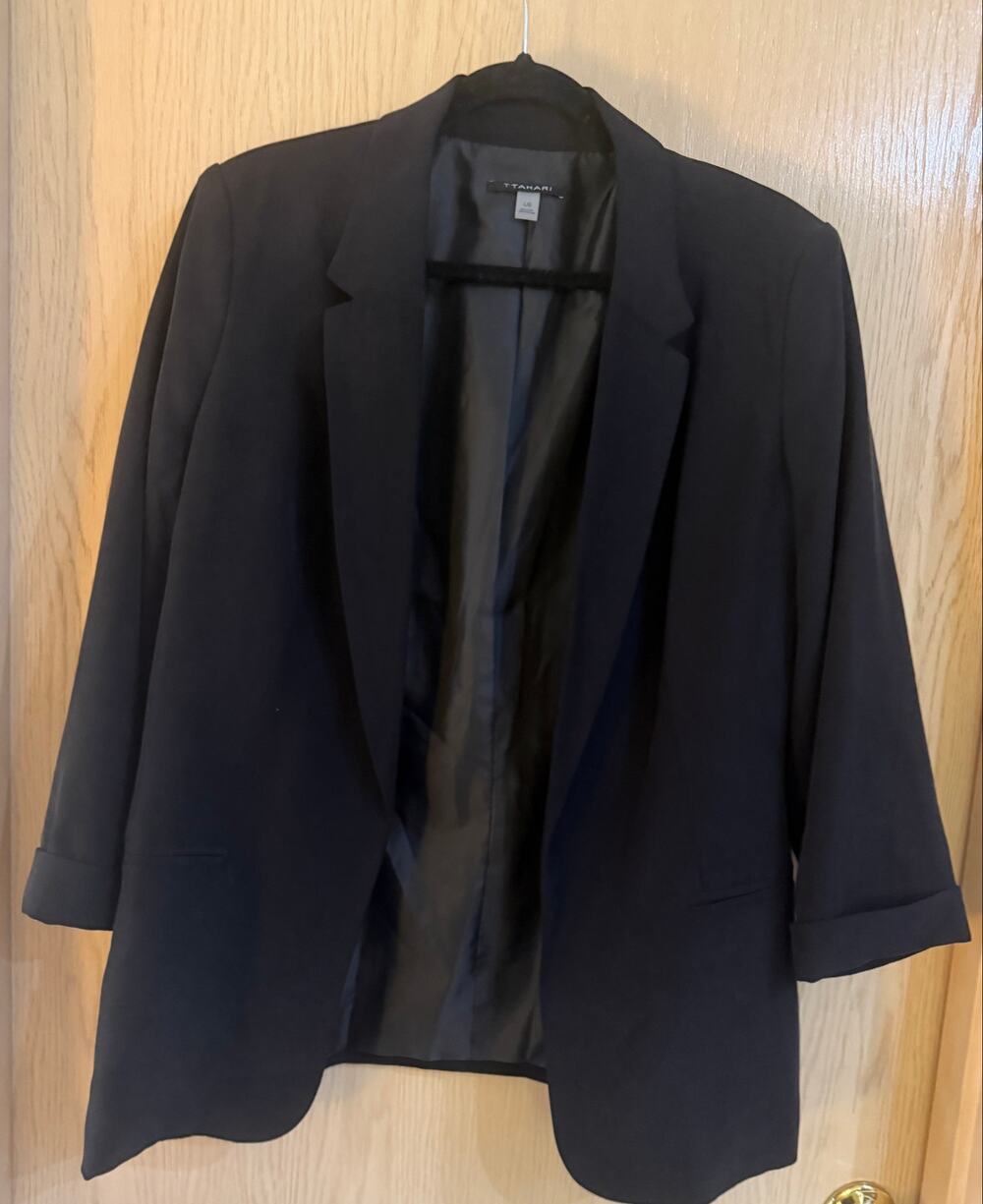 T Tahari Open Boyfriend Blazer Large Black 3/4 Sleeve NWOT